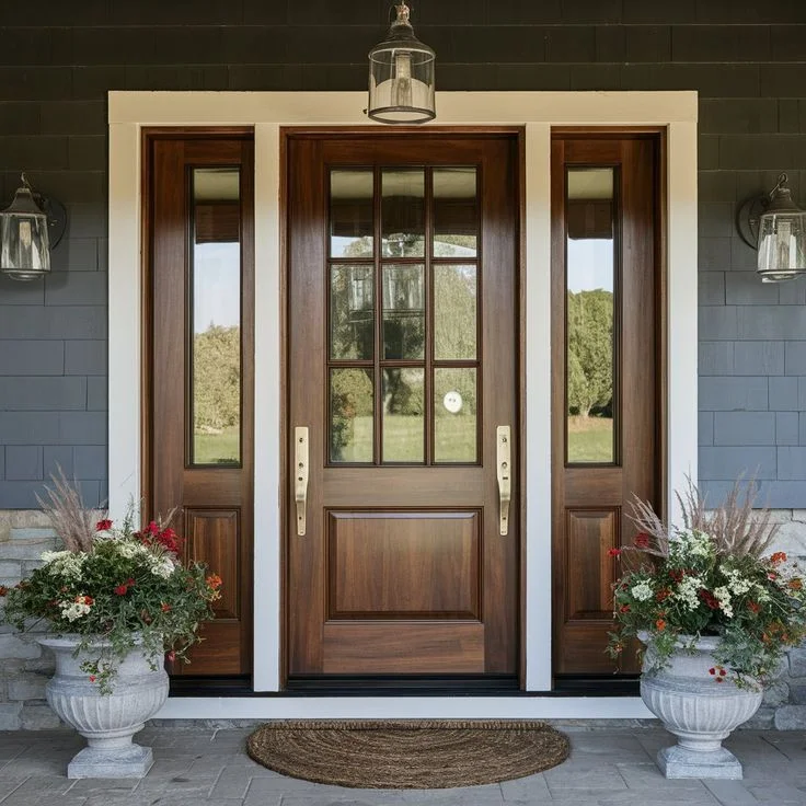 exterior mahogany grain fiberglass doors
